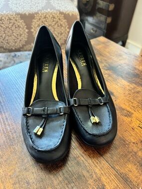 Lauren Ralph Lauren Black Leather Tassel Loafers with Gold Accents